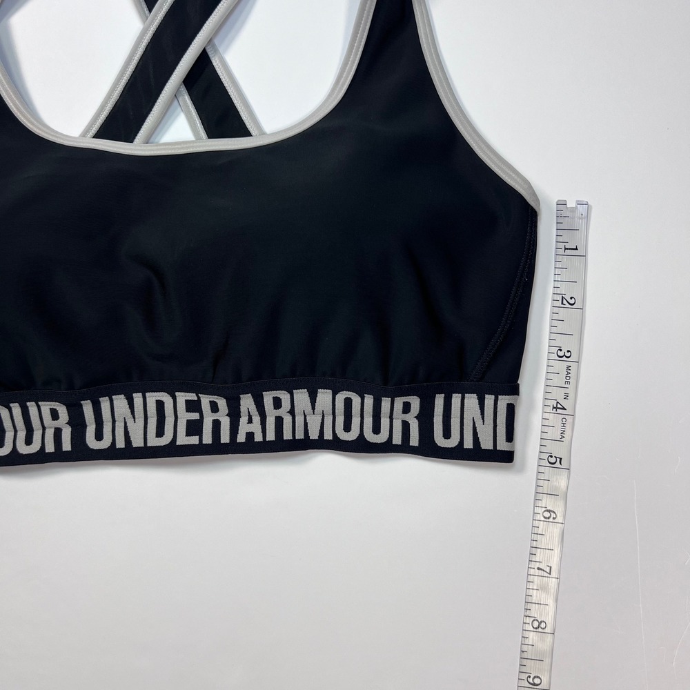 Under Armour Mid Keyhole Sports Bra Size Large Black Gray Logo Band - Picture 7 of 9